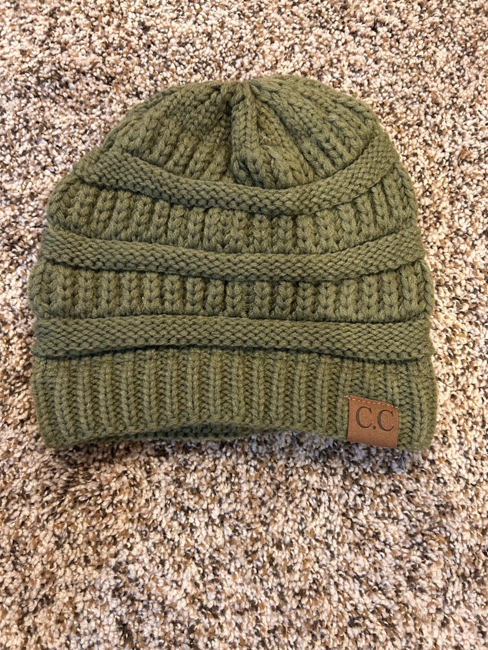 C.C Olive Knit Ribbed Beanie with Leather Logo